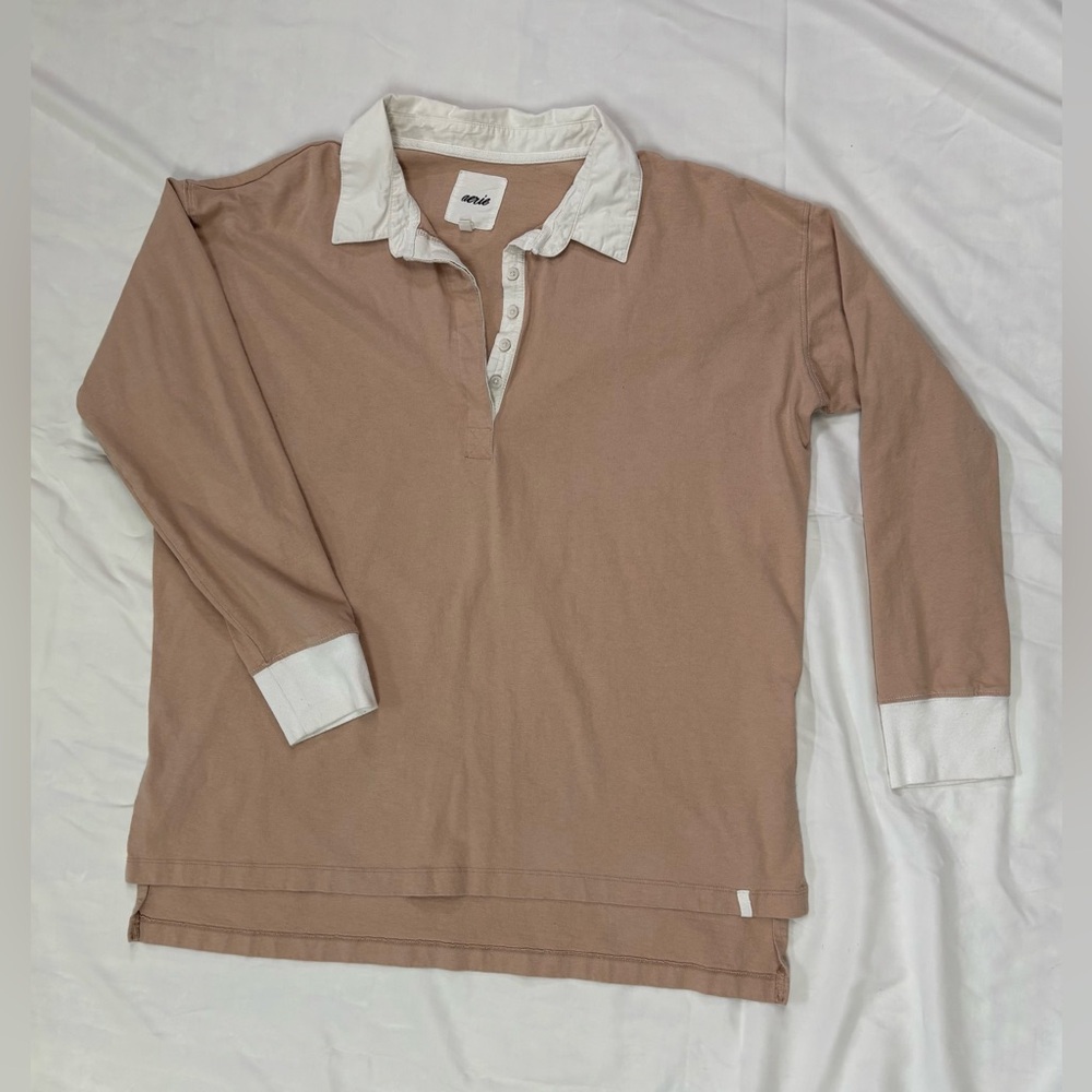 Aerie Rugby Shirt in Beige with White Collar Women’s Size Medium